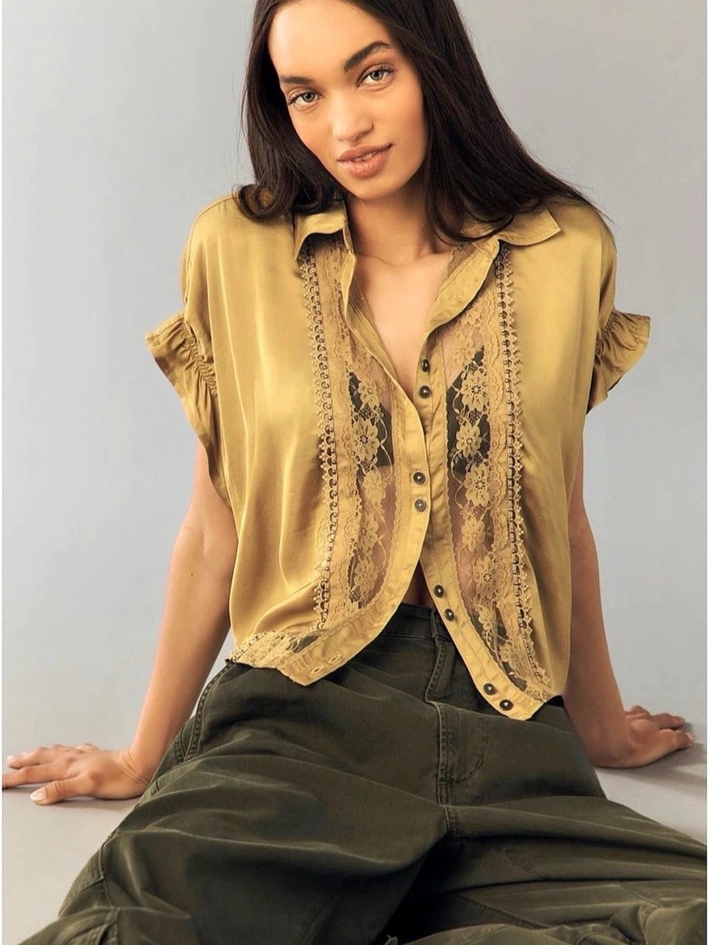 NWT Anthropologie Pilcro Quincy Lace Blouse XXS Chartreuse Gold Yellow